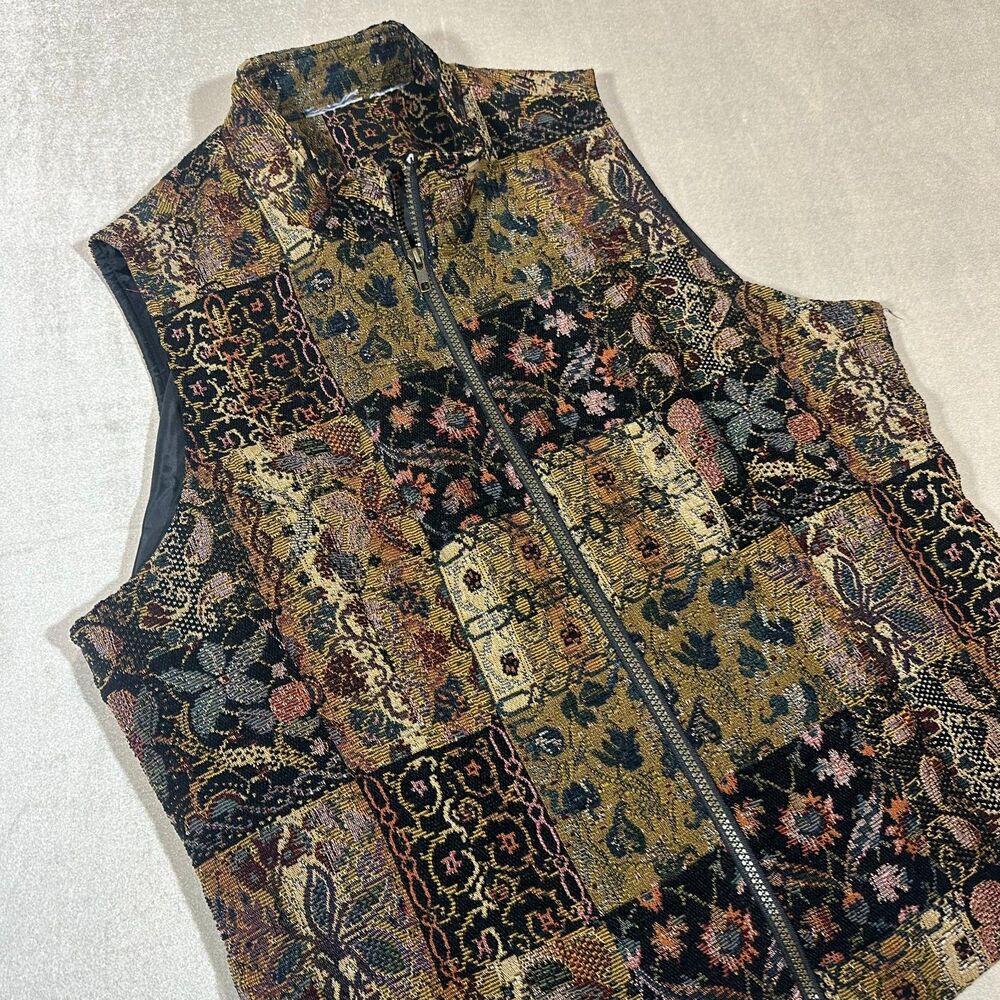 Patchwork Tapestry Vest Womens L XL Boho Zip Front Floral Paisley Southwestern